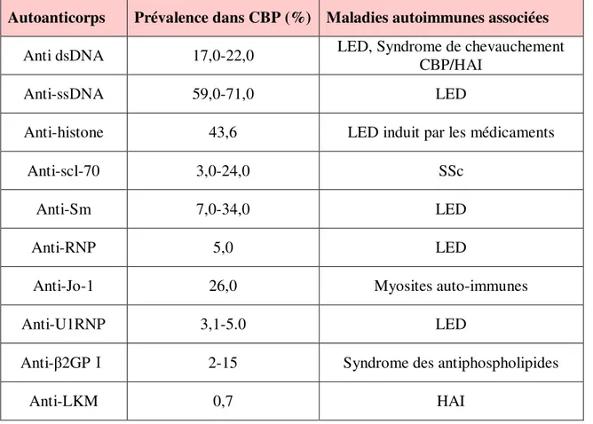 Tableau II : Autoanticorps de la CBP associés à d’autres maladies autoimmunes (21)  Autoanticorps  Prévalence dans CBP (%)  Maladies autoimmunes associées 