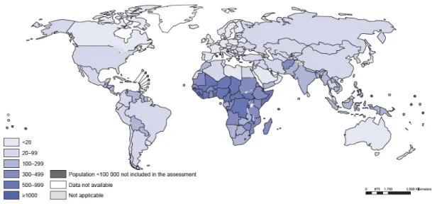 Figure	
  1	
  	
  Ratio	
  de	
  mortalité	
  maternelle	
  par	
  région	
  géographique	
  (OMS,	
  2014)*	
  