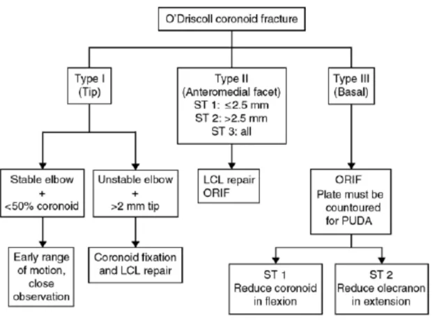 Figure  7-  Algorithme  du  traitement  des  fractures  de  la  coronoïde,  basé  selon  la  classification de O’Driscoll