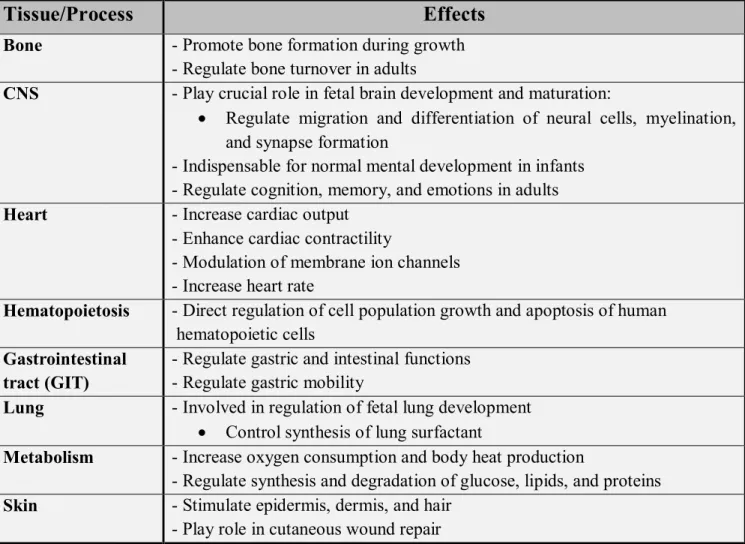 Table II: Physiologic effects of thyroid hormones (modified from Kristen, 2000). 