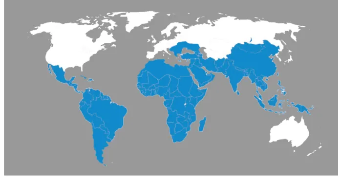 Figure 1 : Distribution géographique mondiale des cas de fièvre typhoïde en  2009. Les zones bleues sont des zones endémiques de la maladie