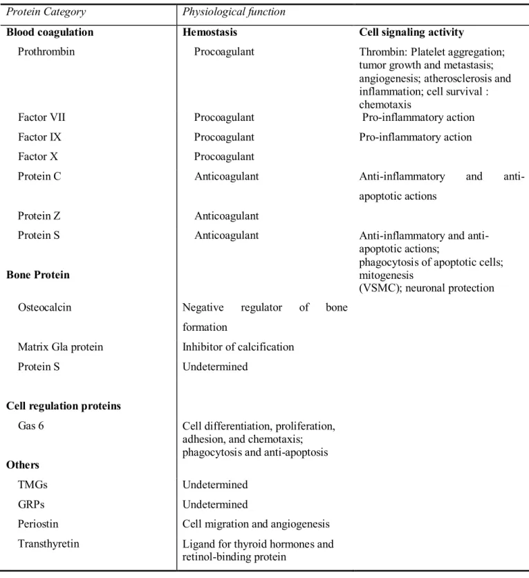 Table 1.  The vitamin K dependent proteins and their functions  (Ferland G, Nutrition Foundation