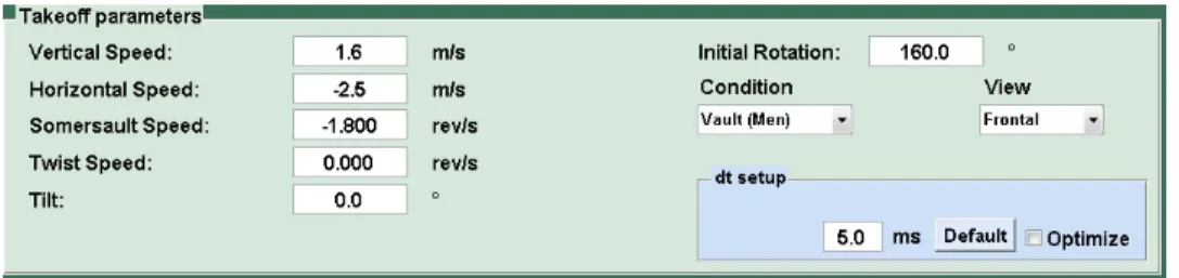 Figure 2.3 – La seconde boîte permet de définir les conditions initiales de décollage, modifiables dans les cases blanches.