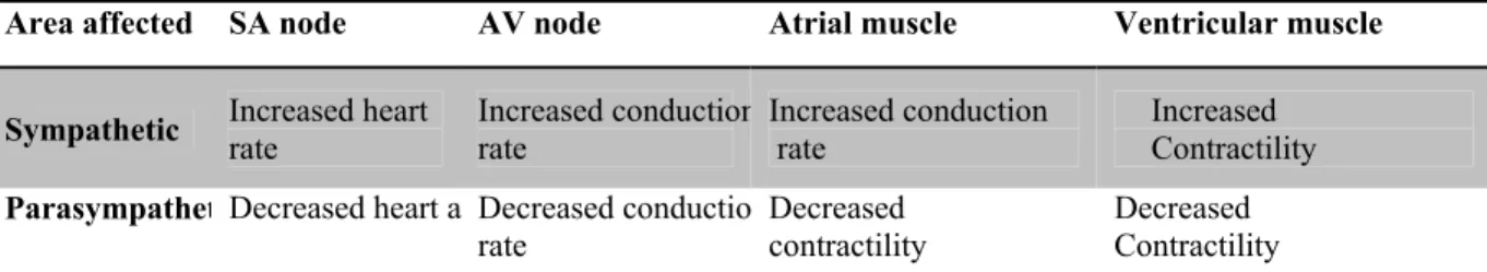 Table 1.2 Summary of the autonomic nerves system effects on the heart 