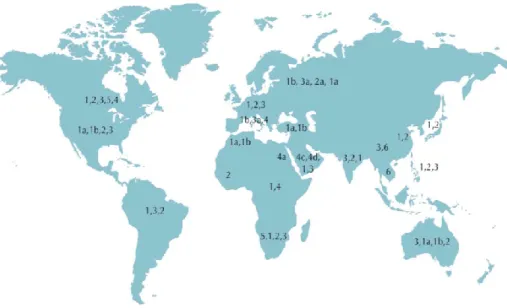 Figure 1.6  : Distribution mondiale des génotypes du VHC (adaptée de Kamal 2006).                     Les  génotypes  1,  2  et  3  sont  présents  dans  le  monde  entier