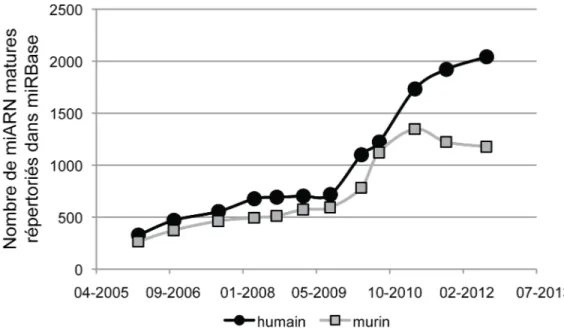 Figure	
  2-­‐3	
  Croissance	
  du	
  nombre	
  de	
  miARN	
  connus	
  chez	
  l'humain	
  et	
  la	
  souris.	
  