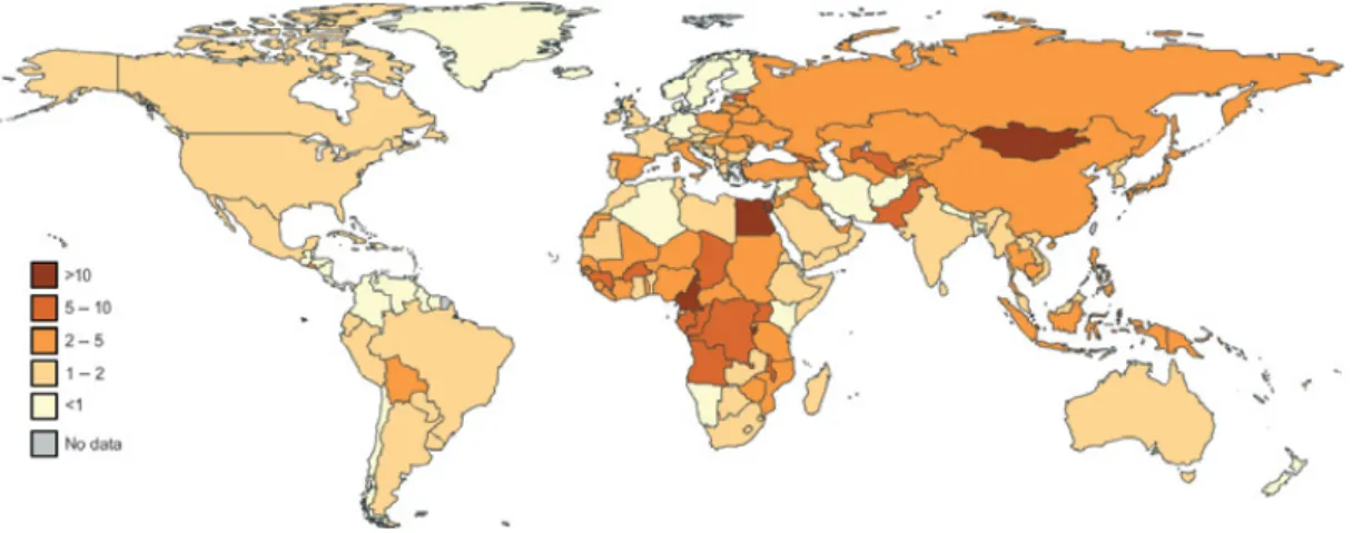 Figure 1.3: Prévalence mondiale du VHC (%) 
