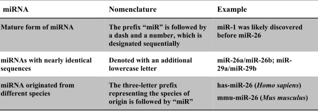Table 1. MiRNA nomenclature. 