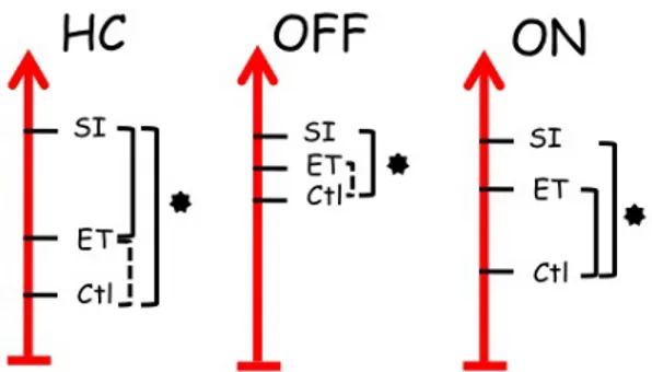 Figure 19: Diagram of putamen activity during control, ET and SI movements in HC,  ON and OFF 