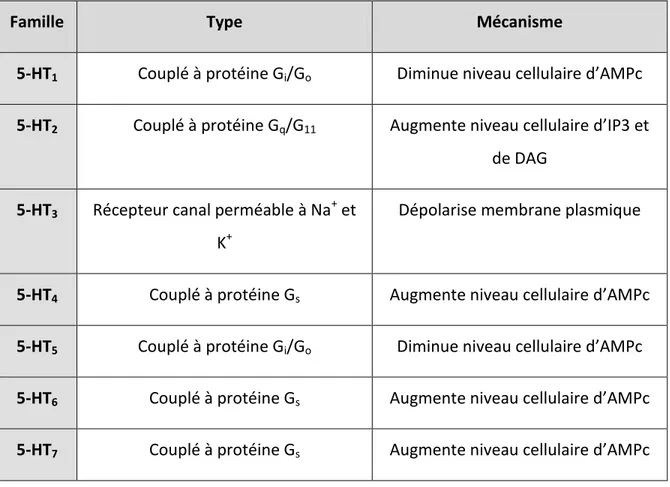 Tableau I. Famille des récepteurs sérotoninergiques et mécanismes 
