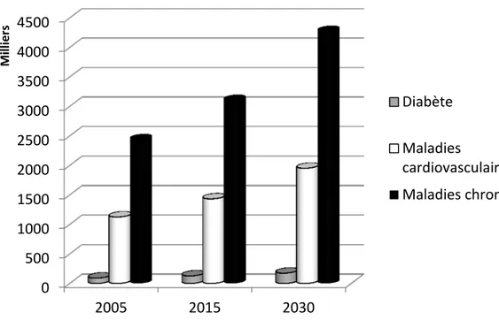 Figure 1 : Décès pour maladies chroniques en Afrique sub-saharienne de 2005 à 2030 