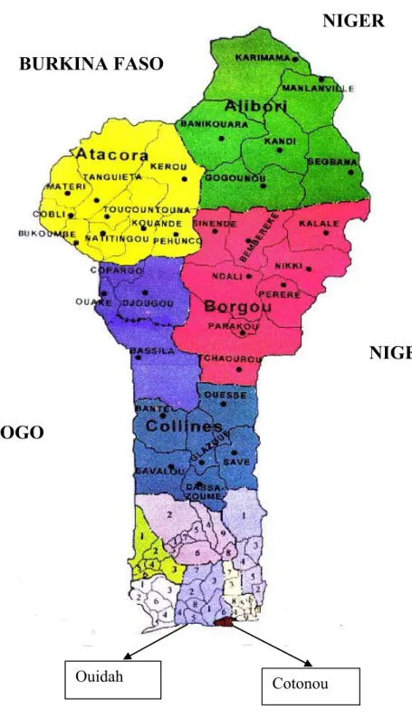 Figure 4 : Carte administrative du Bénin                Source : INSAE 2007   Ouidah  Cotonou BURKINA FASO  NIGER  NIGERIA TOGO 