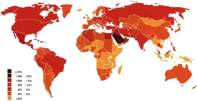 Figure 3. Estimation de la prévalence du diabète dans le monde en 2007.  Source: Diabetes Atlas Third edition,  International Diabetes Federation,  2006