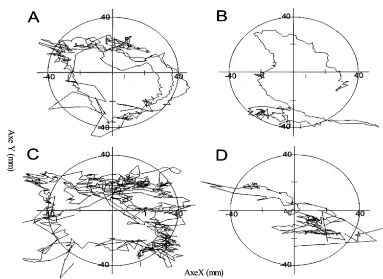 Figure 6:  Exemple  de  la stratégie de parcours du singe selon la surface: Sur la surface de plastique lisse huilé (A), la surface  de  plastique  lisse  sec  (B)  et  la  surface  de  papier sablé  fin  (C),  l'anÎmlI  décrit  approxiImtiverœnt  des  cer