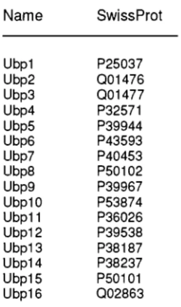 Table  S2. Database accession  numbers for the  16  USP sequences from budding yeast. 