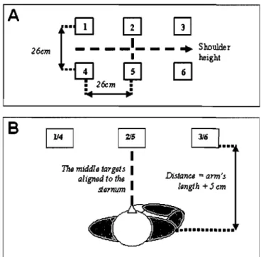 Figure 3.  Target arrangement on coronal (A)  and transversal (B) planes. 