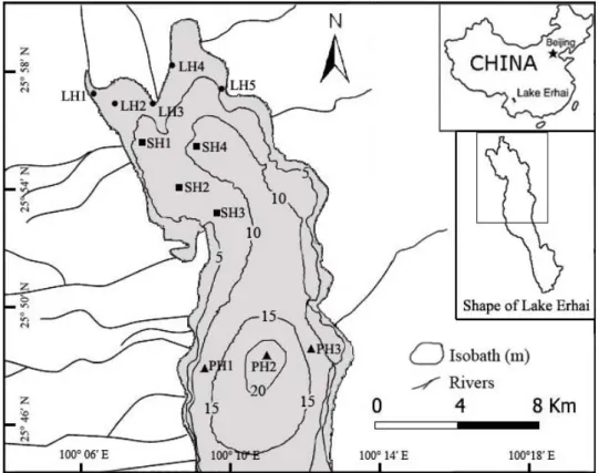 Fig. 1 Sampling sites in the three habitats located in the central and northern section of Lake Erhai 