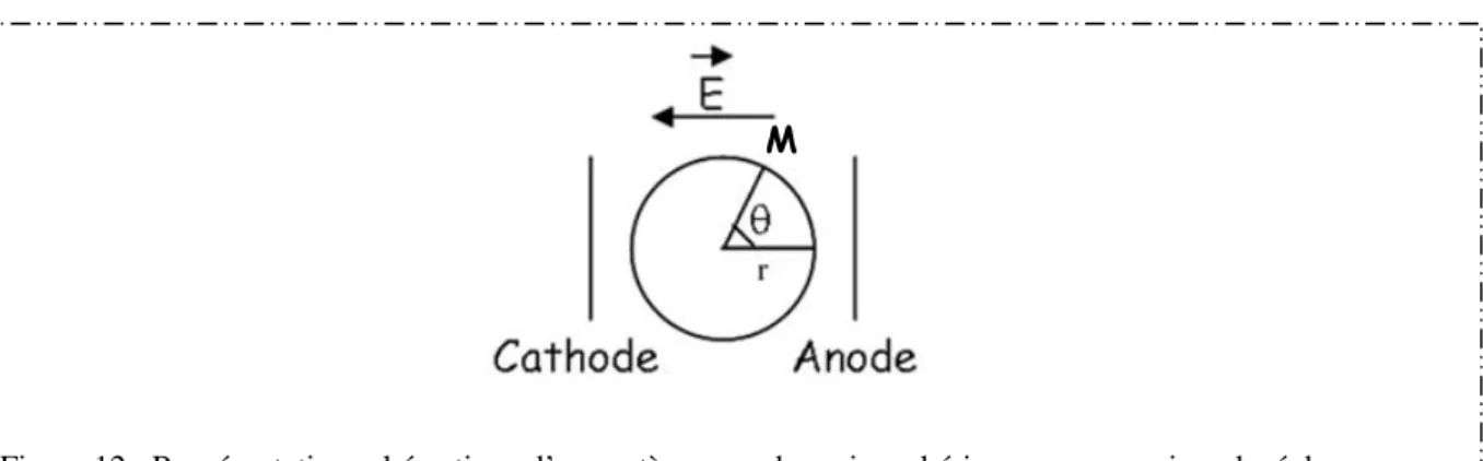 Figure 12 : Représentation schématique d’un système membranaire sphérique en suspension placé dans un  champ électrique externe  E