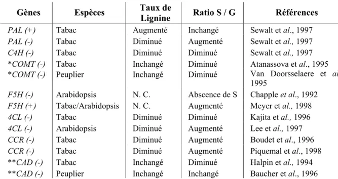 Tableau I-2. Exemples d’expériences de perte et de gain de fonction par  transformation génétique utilisant les gènes de la voie de biosynthèse des  phénylpropanoïdes et des lignines