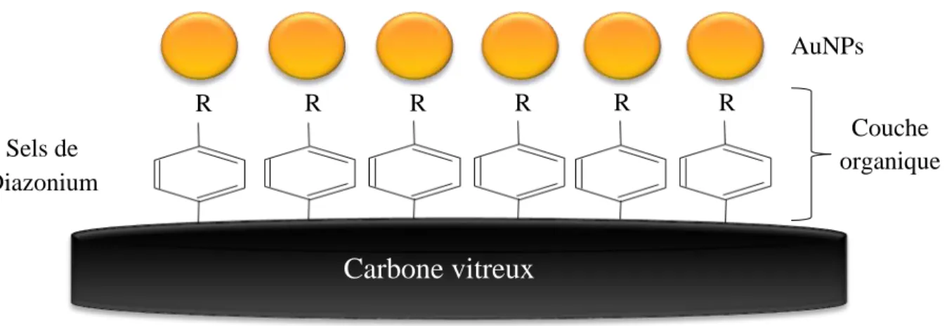 Figure I.13. Structure de l'électrode modifiée avec des couches organiques et des AuNPs 
