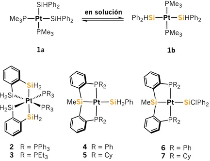 Figura  2.1   Complejos  de  platino  con  ligandos  silanos  y  sililfosfinas,  enfatizando  la  disposición trans de los átomos de silicio