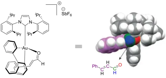 Figure 1.1 X-ray structure of the [IPrAu(biphenyl)(η 1 -cinnamaldehyde)][SbF 6 ] with emphasis of the pocket 