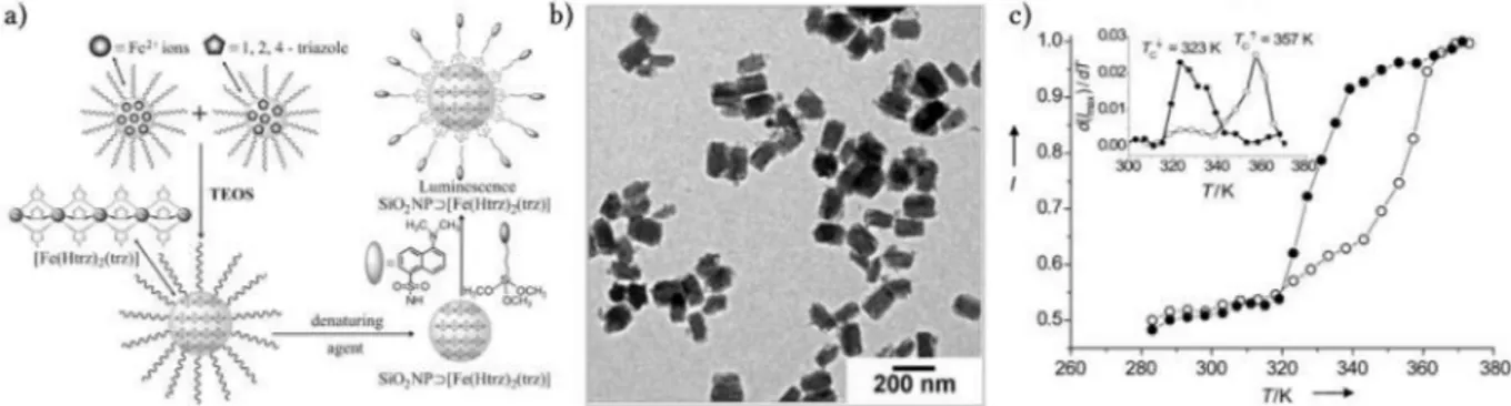 Figure I.14 – (a) Réprésentation schématique de la synthèse de nanoparticules coeur-coquille