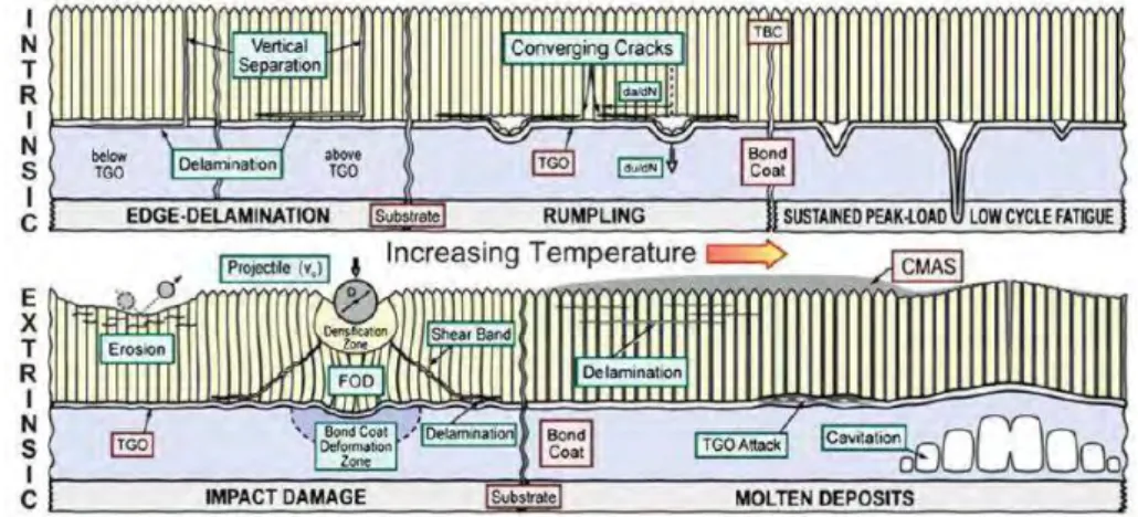 Figure 16 : Schéma des principaux modes de dégradations des barrières thermiques [49]