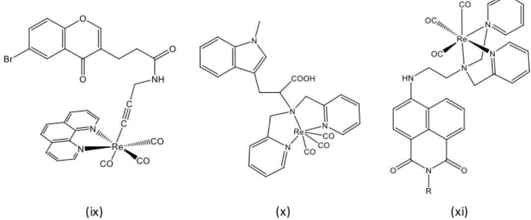 Figure 7. Examples of Re(I) complexes incorporating an organic fluorophore moiety. 