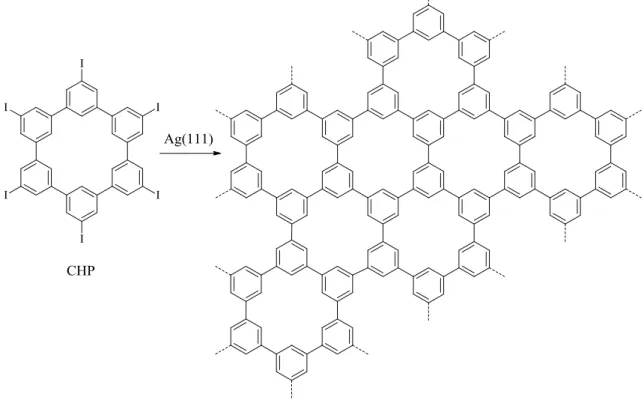 Figure  1.6  Scheme  of  the  reaction  from  the  starting  molecule  (CHP)  to  the  polyphenylene  superhoneycomb structure (fraction in the picture), readapted from ref