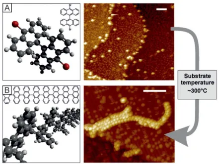 Figure 1.22 Polymerization of DBBA precursor molecule  on TiO 2  surface in UHV (scale bars 5 nm)