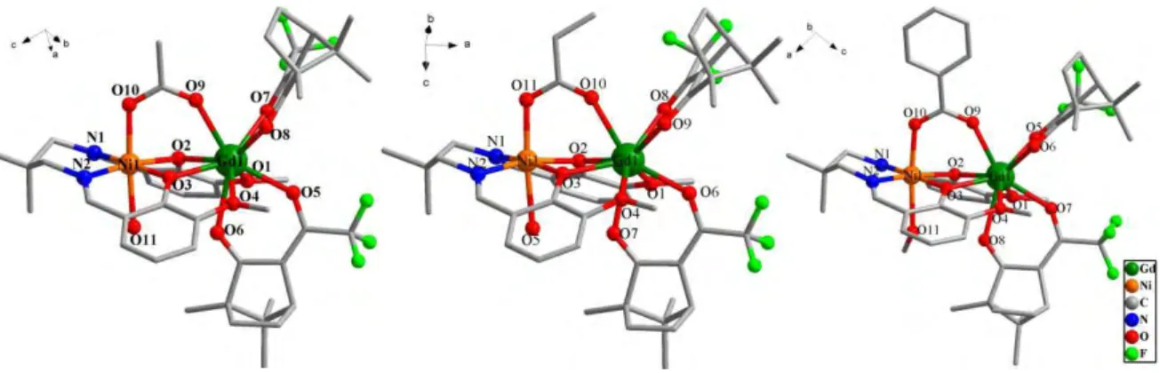 Figure 1.4 : Structure moléculaire d’un diastéréoisomère des complexes (de gauche à droite) 5, 6 et 7