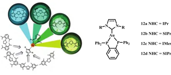 Figure 1-9. Complexes 12a-12d under UV light at 354 nm and related structure. 17