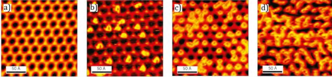 Figure 1.5 : a) Moirè pattern of G/Ir(111); b, c, d) STM images of graphene exposed to atomic hydrogen 