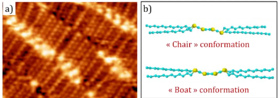 Figure 2.3 : a) STM topographic image (Ut  = -1.6 V, 6.4x6.4 nm 2 ) clearly showing an edge-on conformation 