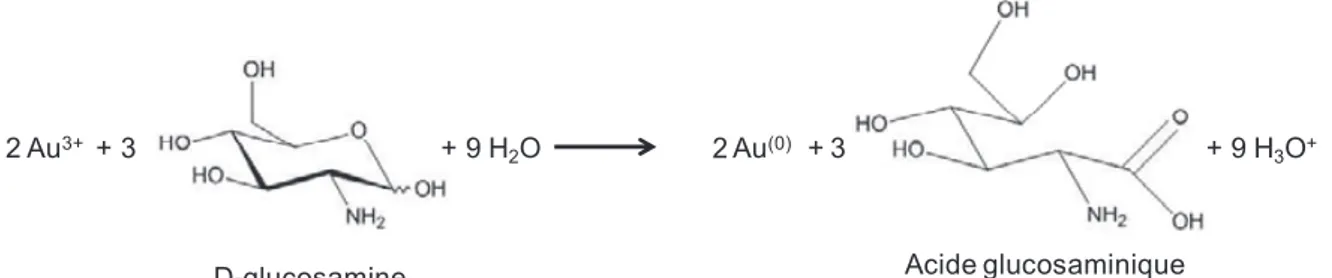 Figure  16   :  Equation  bilan  de  la  réduction  de  l’acide  trichloroaurique  dans  l’eau  (ions Au 3+ ) par la glucosamine.HCl