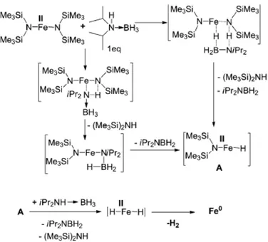 Figure 2-1 : Mécanisme de réaction entre Fe[N(SiMe 3 ) 2 ] 2  et iPr 2 NHBH 3  proposé par 