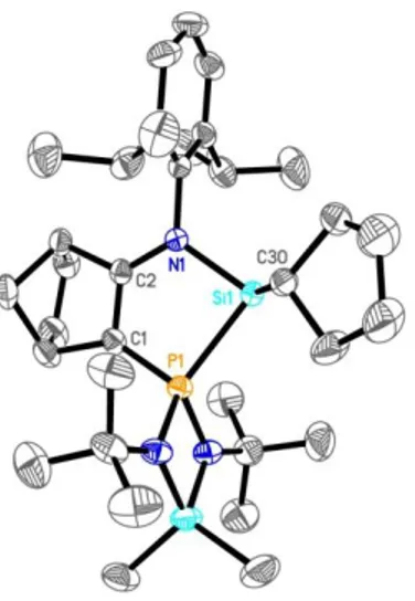 Figure 4 : Structure moléculaire du complexe 13. Longueurs de liaison (Å) et angles (°)  Si1-C30 : 1,921 ; P1-Si1 : 2,327 ; Si1-N1 : 1,846 ; P1-C1 : 1,725 ; C1-C2 : 1,388 ; 