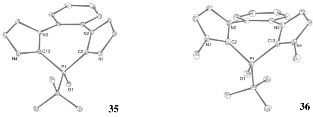 Figure 6 : Représentation des structures cristallines des phosphines 34 et 38 (en haut) et des 