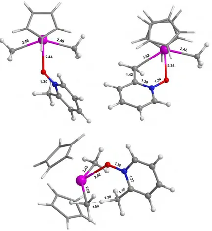 Figure 21. Structures de l’adduit (haut gauche), de l’état de transition (bas) et du produit (haut droite)  de la réaction d’activation C-H du carbone hybridé sp 3