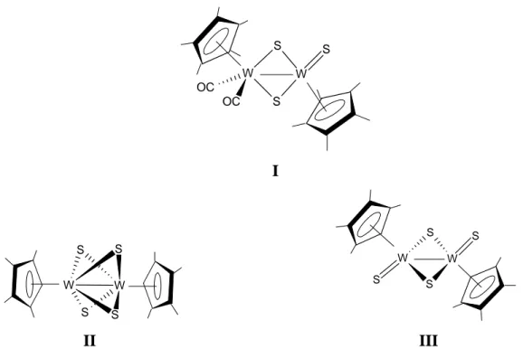 Figure 1.2.1. The structure of [Cp* 2 W 2 (µ-S) 2 (S)(CO) 2 ] (I) (C.1.2.33.) and two isomers 