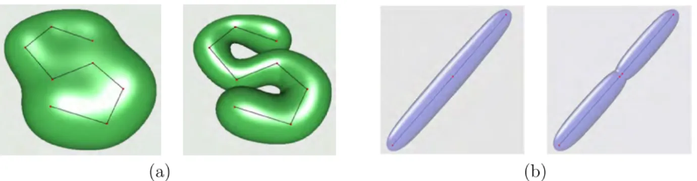 Figure 2.13: Adapting graph-based method to convolution surfaces (a) prevents unwanted blending between skeleton parts but (b) breaks the independence to skeleton subdivision