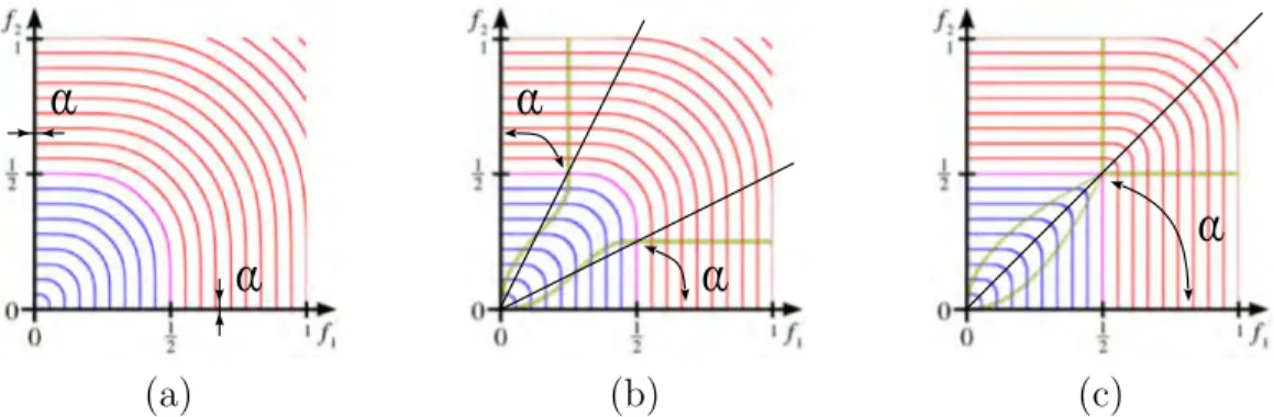 Figure 2.21: Delimiting curves in yellow are defined according to an angle parameter α