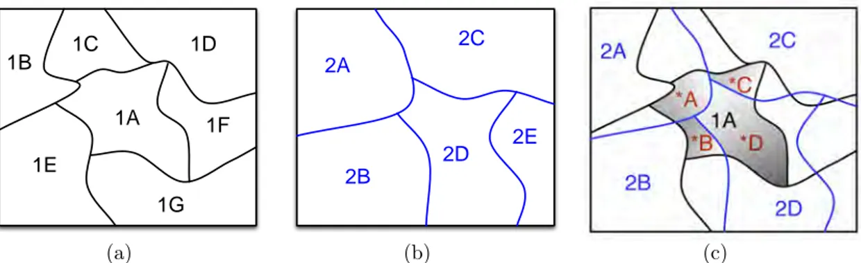 Figure 3.7: Superpixel evolution assessment: superpixels extracted from (a) date 1 image and (b) date 2 image; (c) superpixel correspondences associated to superpixel 1A.