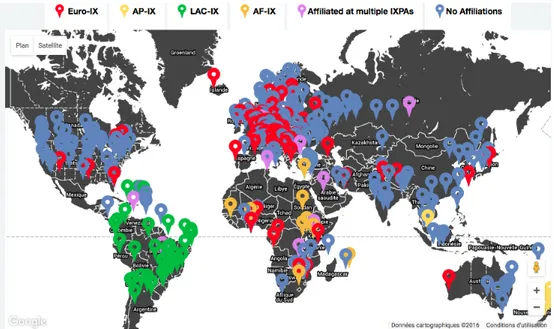 Fig. 2.5: EURO-IX map of the world IXPs per association affiliation - source EURO-IX