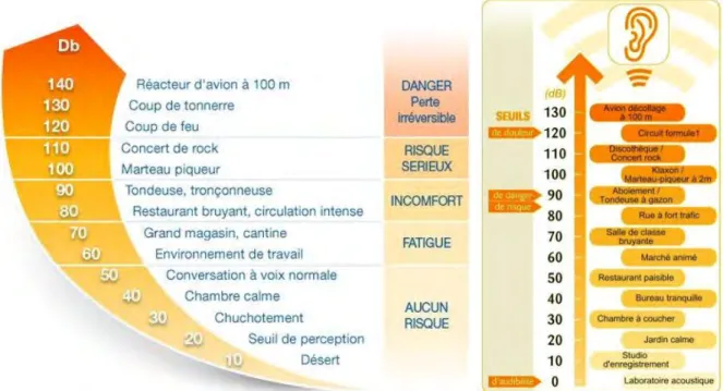 Figure 2-9 : niveaux sonores (en dB) illustrés par des environnements sonores et les seuils de dangerosité,  issue de  audioson.wordpress.com 