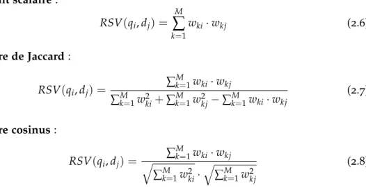 Figure 2.2: Représentation de requête et document dans l’espace des termes à 3 dimensions Les principaux avantages du modèle vectoriel sont liés tout d’abord, à la pondération non binaire des termes, ce qui offre une meilleure qualité des résultats