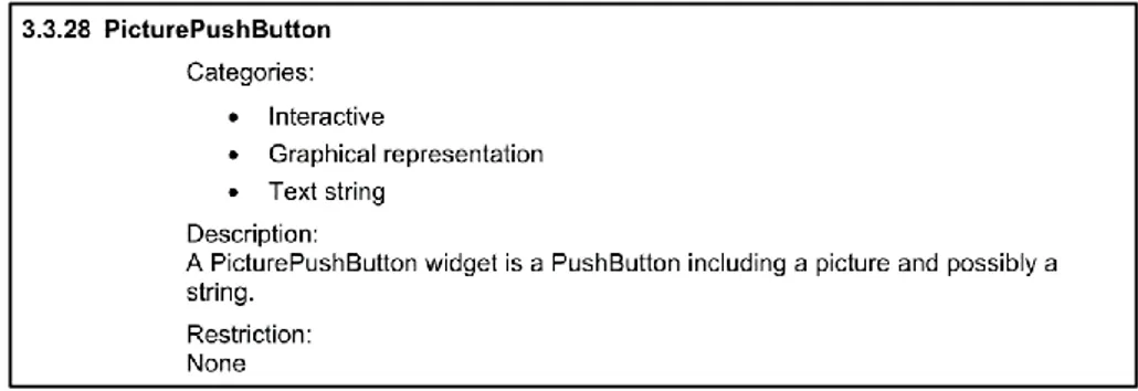 Figure 3.7. Description du PicturePushButton (extrait du standard ARINC 661-5 (AEEC 2013, 138))  La table de description des paramètres du PicturePushButton est représentée en Figure 3.8
