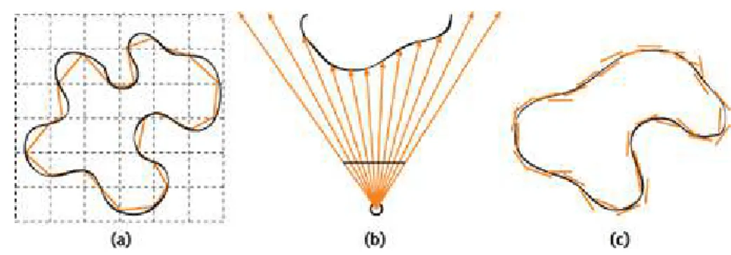 Figure 2.3 – Les diff´ erentes m´ ethodes de visualisation de surfaces implicites. (a) Poly- Poly-gonisation