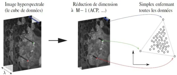 Figure 3.3 – Processus d’analyse d’une image hyperspectrale avec une approche g´ eom´ etrique : (1) R´ eduction de dimension, (2) Identification des pixels purs de l’image positionn´ es au niveau des sommets du simplexe contenant tous les points [15]